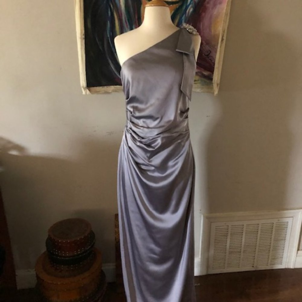 Beautiful Silver Satin off the shoulder gown
